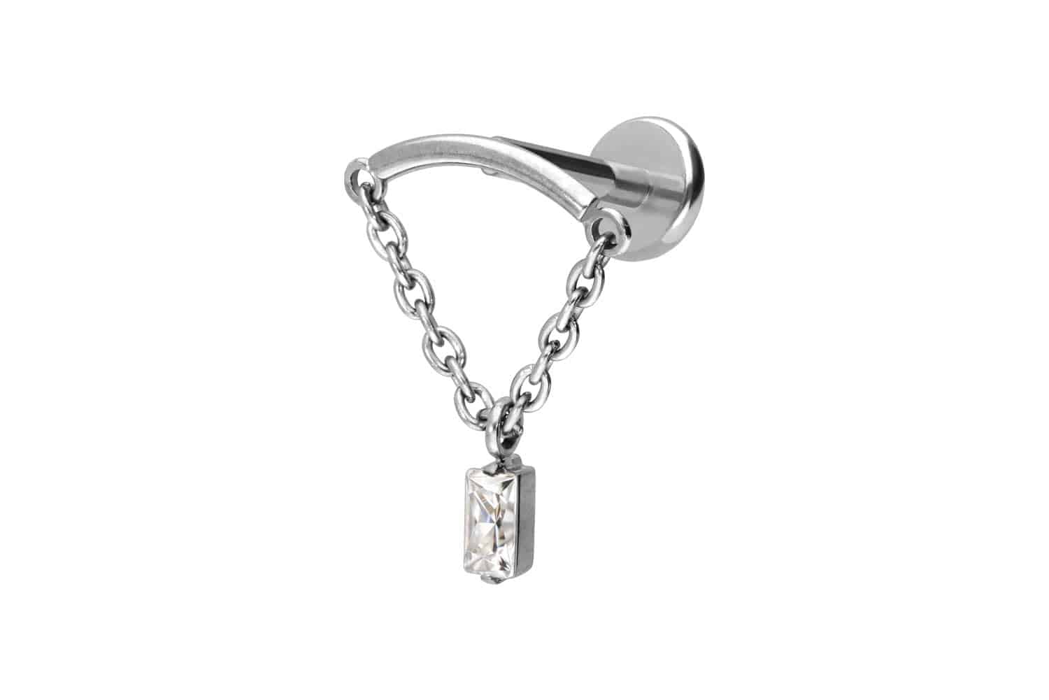 Titan Labret Piercing mit Push Fit BOGEN + KETTE + KRISTALLRECHTECK